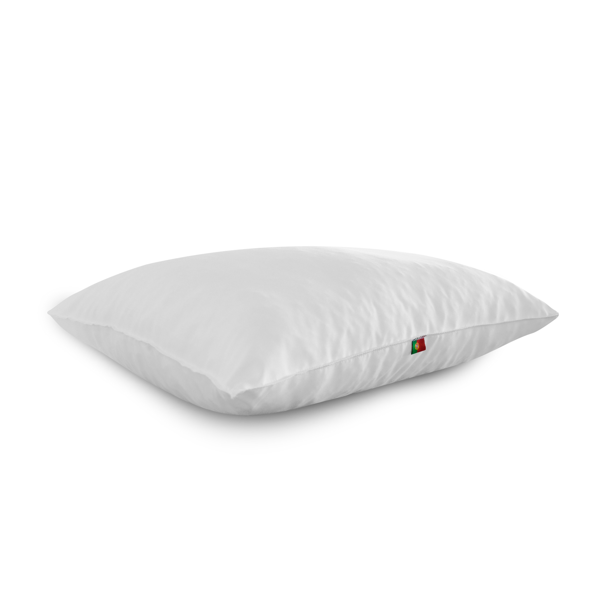 White pillow on a white background. The pillow includes a small label featuring the Portuguese flag, to indicate the pillow is made in Portugal